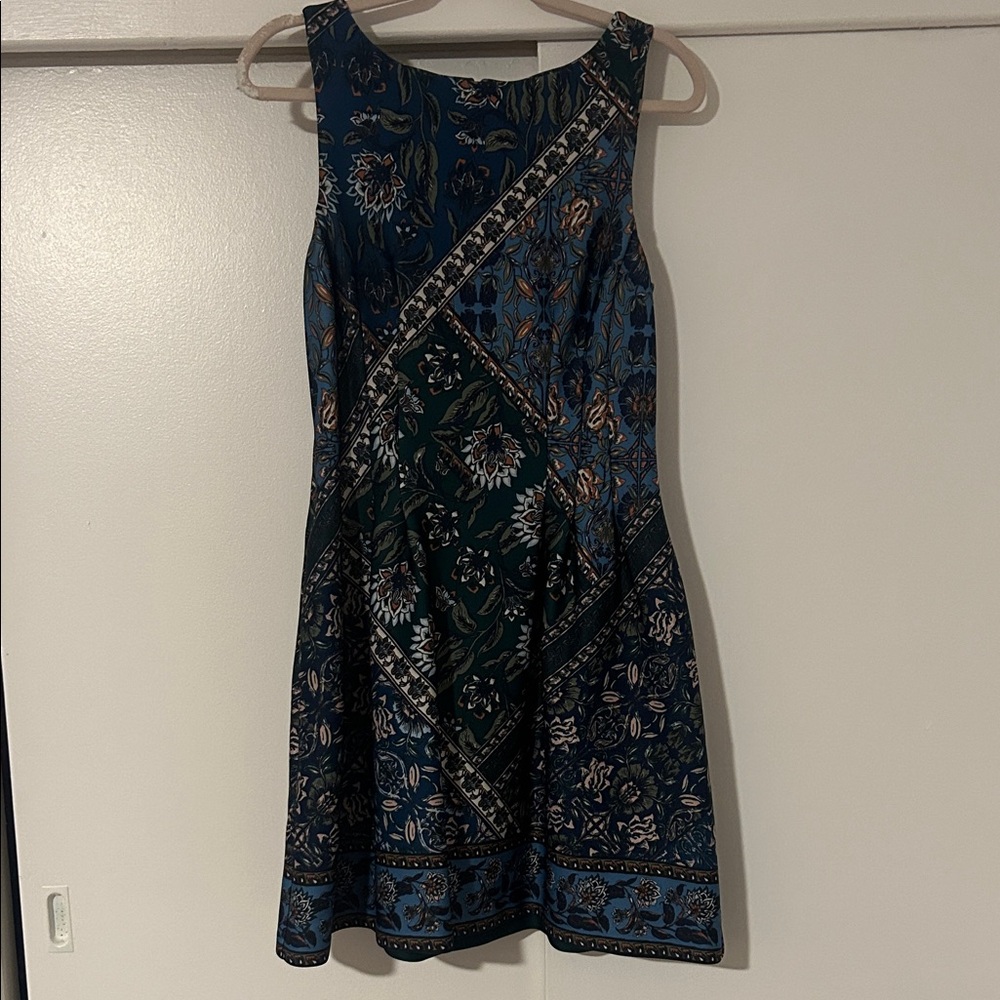 Vince Camuto Navy and Teal Floral Patchwork Mini Dress